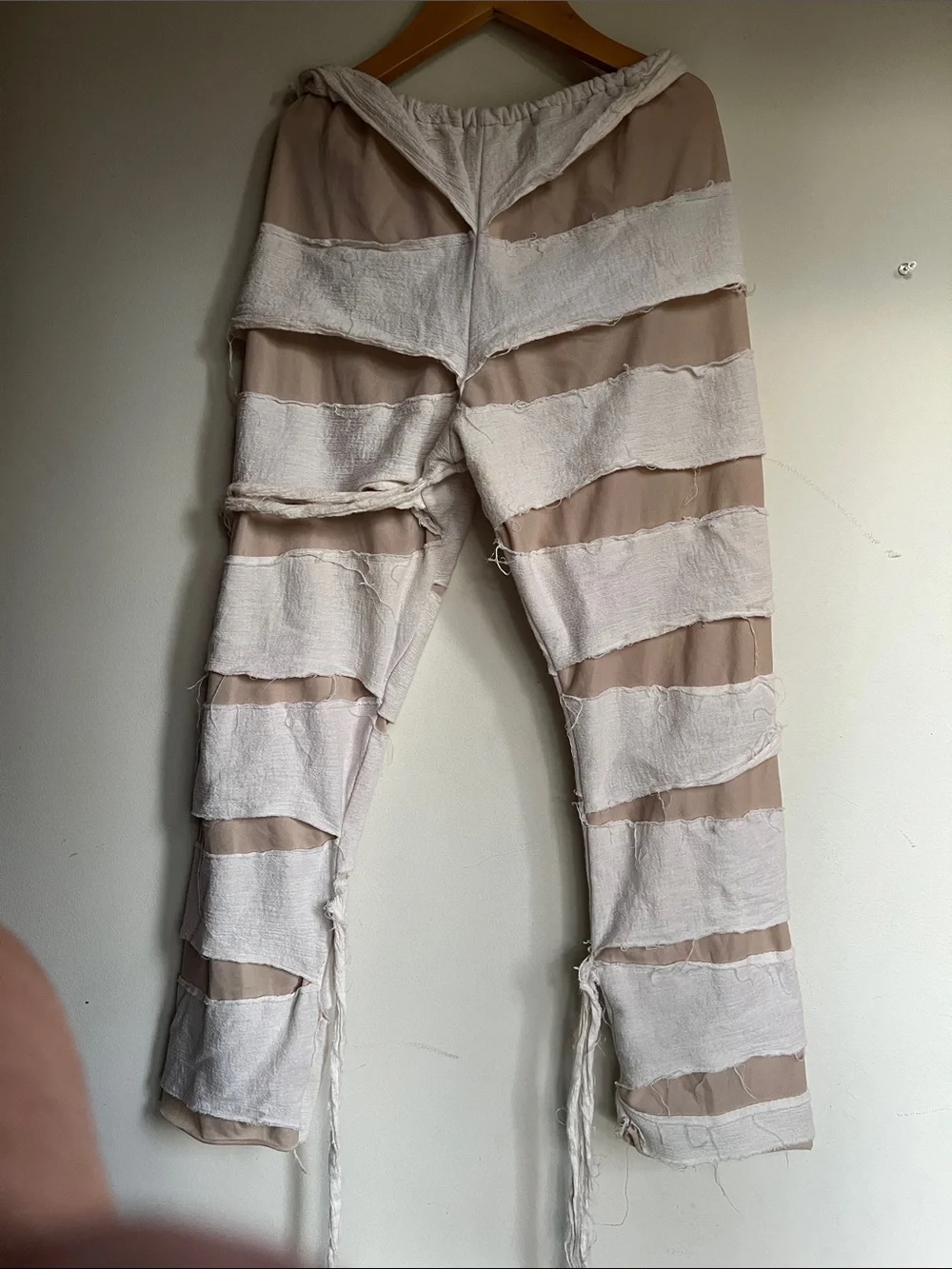Neutral Striped Hooded Kids Halloween Mummy Costume with Frayed Trim